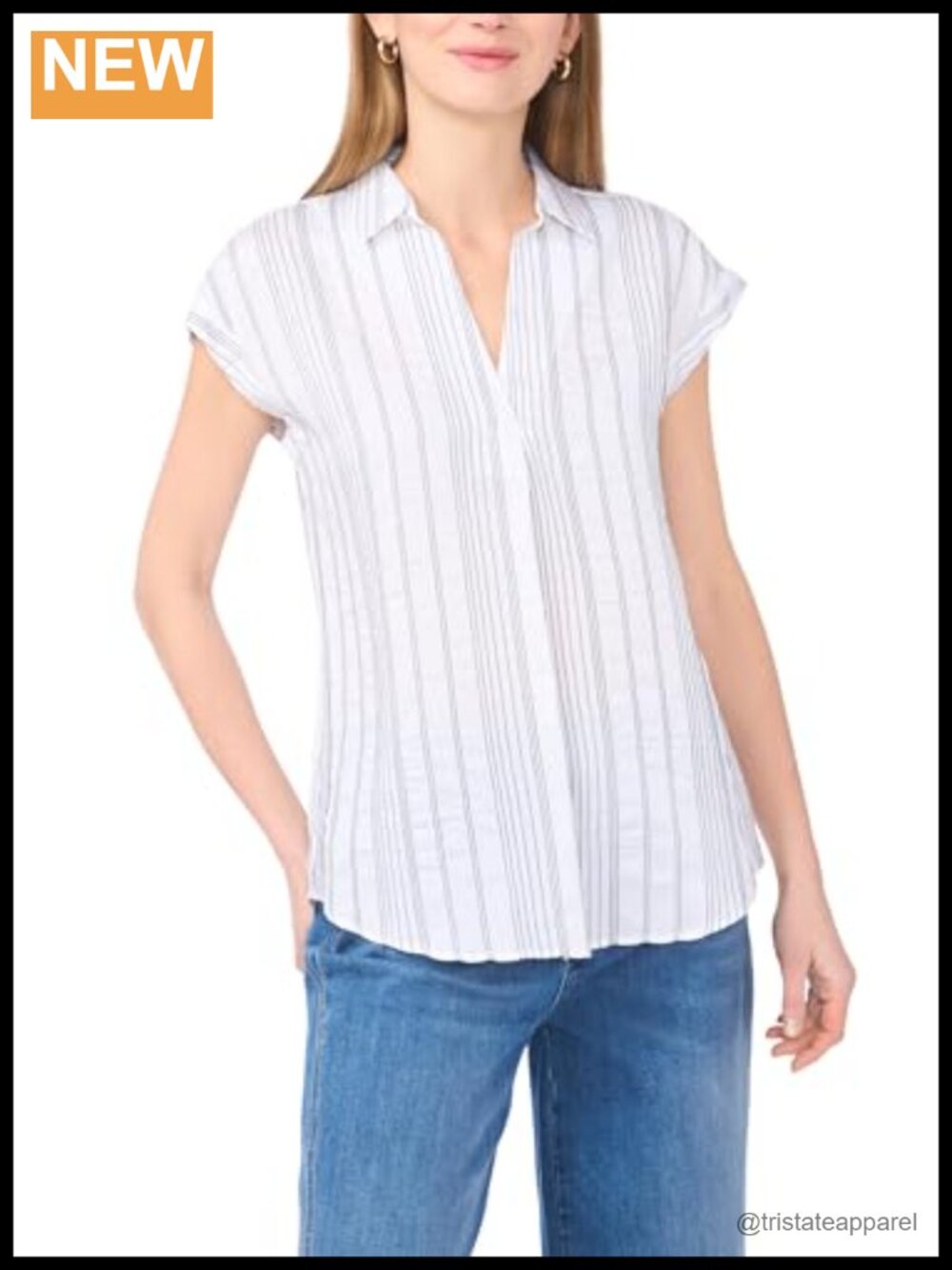Vince Camuto Relaxed Collar Short Sleeve Blouse Striped Polyester